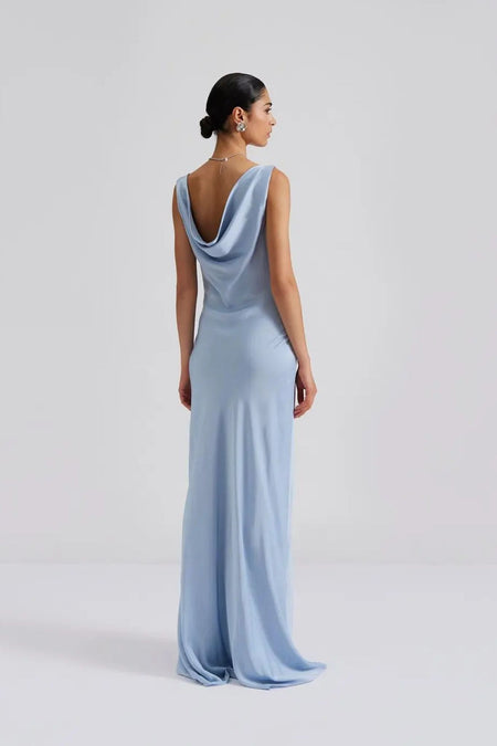 Leah Cowl Satin Maxi Dress - Dusty Blue