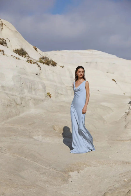 Leah Cowl Satin Maxi Dress - Dusty Blue