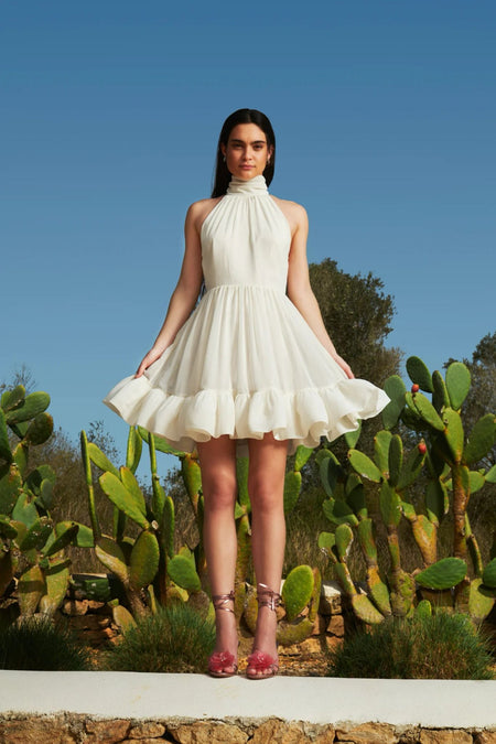Fern Halterneck Ruffled Mini Dress - White