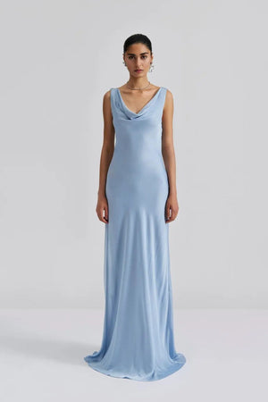 Leah Cowl Satin Maxi Dress - Dusty Blue